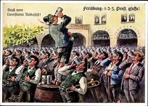 Künstler Ak München Oberbayern, Freiübung, 123 Prost, Hofbräuhaus, Männer trinken Bier