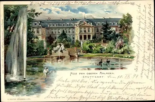 Künstler Litho Schnorr, P., Stuttgart in Baden Württemberg, Partie in den oberen Anlagen, Schloss