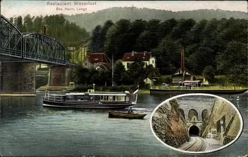 Ak Hameln an der Weser Niedersachsen, Restaurant Weserlust, Tunnel, Brücke, Bootspartie