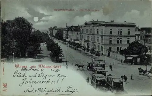 Mondschein Ak Düsseldorf am Rhein, Haroldstraße, Hauptpost, Pferdebahn