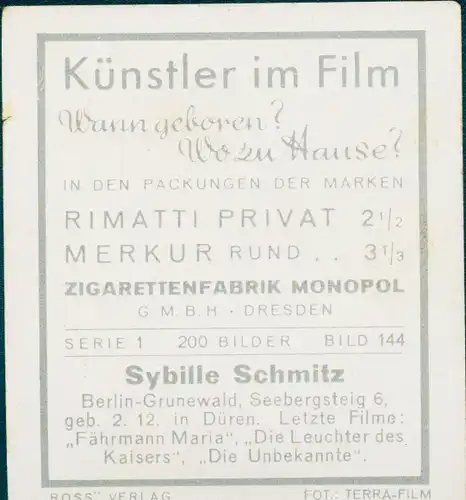 Sammelbild Künstler im Film, Serie 1 Bild 144, Schauspielerin Sybille Schmitz