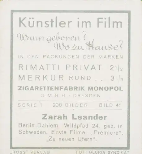 Sammelbild Künstler im Film, Serie 1 Bild 41, Schauspielerin und Sängerin Zarah Leander