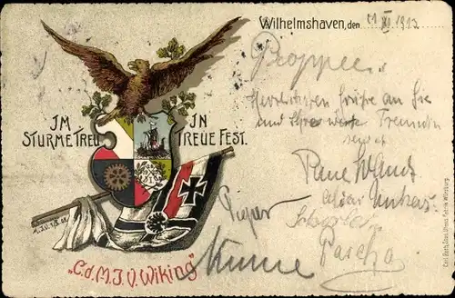Wappen Ak Wilhelmshaven an der Nordsee, C.d.M.J.V. Viking, In Treue Fest