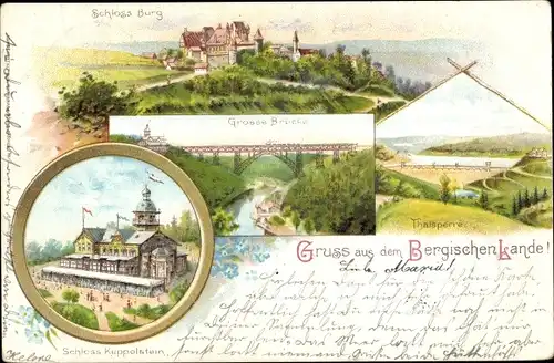 Litho Burg an der Wupper Solingen in Nordrhein Westfalen, Schloss Burg und Küppelstein, Talsperre