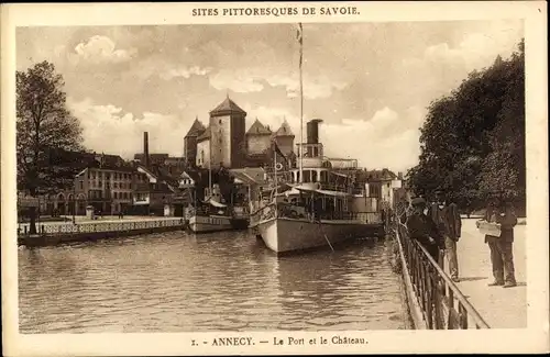 Ak Annecy Haute Savoie, Hafen, Schloss, Schiff