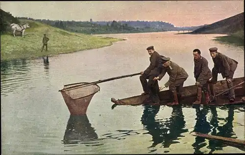 Ak Wirklichkeitsbilder vom Kriegsschauplatz, Feldgraue beim Fischen in feindlichen Gewässern, I WK