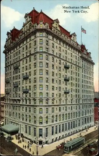 AK New York City USA, Manhattan Hotel aus der Vogelschau, Madison Avenue, 42nd Street, Straßenbahn