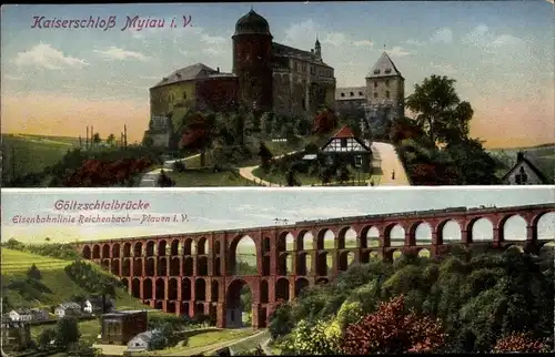 Ak Mylau Reichenbach Vogtland, Kaiserschloss, Göltzschtalbrücke