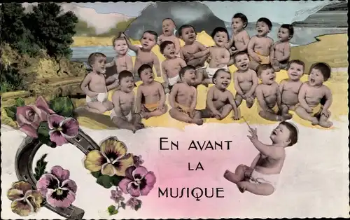 Ak Kleinkinder, Babys, Hufeisen, Dirigent, Fotomontage