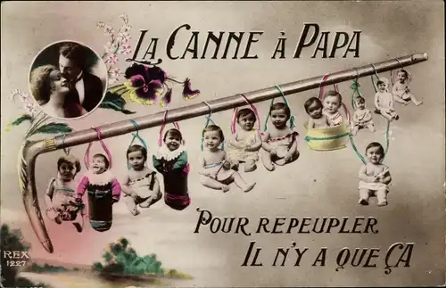 Ak Babys hängen an einem Gehstock, Liebespaar, Fotomontage