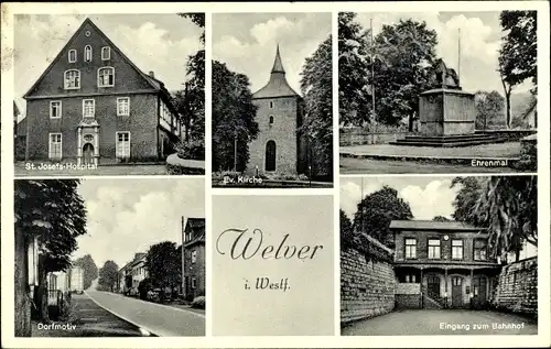 Ak Welver in Nordrhein Westfalen, St. Josefs Hospital, Kirche, Ehrenmal, Eingang zum Bahnhof