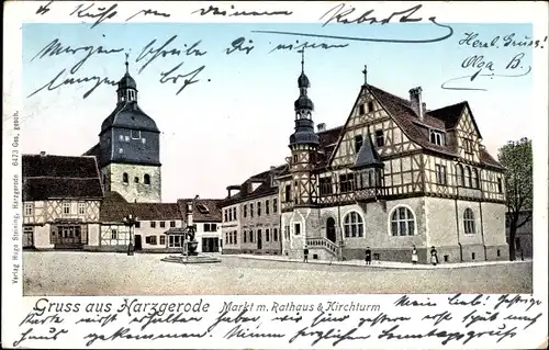 Ak Harzgerode am Harz, Markt mit Rathaus und Rathaus