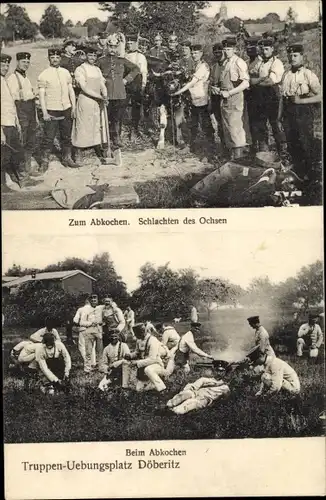Ak Döberitz im Havelland, Truppenübungsplatz, Ochsen schlechten, Soldaten beim Abkochen
