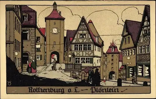 Steindruck Ak Rothenburg ob der Tauber Mittelfranken, Plönlein, Straßenpartie, Passanten