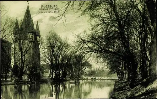 Ak Augsburg in Schwaben, Fünfgratturm, Teich