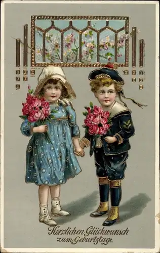 Präge Ak Glückwunsch Geburtstag, Kinder, Blumen, Rosen