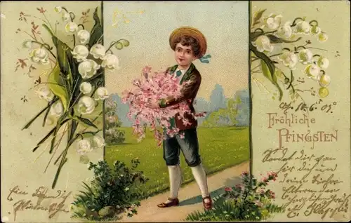 Präge Litho Glückwunsch Geburtstag, Maiglöckchen, Junge mit Blumen