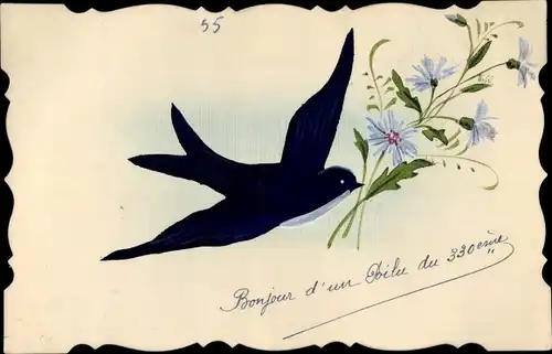 Handgemalt Ak Schwalbe mit Blumen im Schnabel