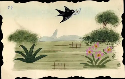 Handgemalt Ak Schwalbe mit Brief im Schnabel