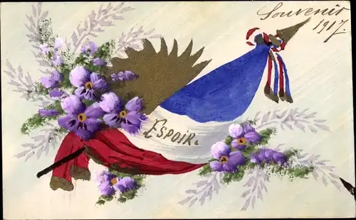 Handgemalt Litho Französische Fahne, Patriotik, Blumen