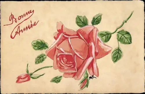 Handgemalt Litho Glückwunsch Neujahr, Blühende Rose