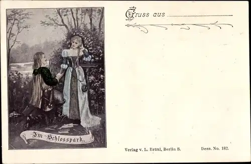 Künstler Litho Liebespaar, Kniender Mann, Frau in blauem Kleid, Schlosspark