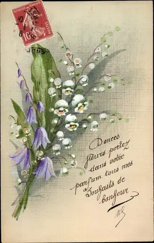 Handgemalt Ak Blumenstrauß, Maiglöckchen