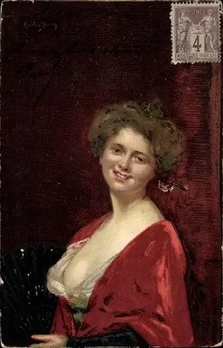 Litho Gemaltes Portrait einer Frau mit Fächer