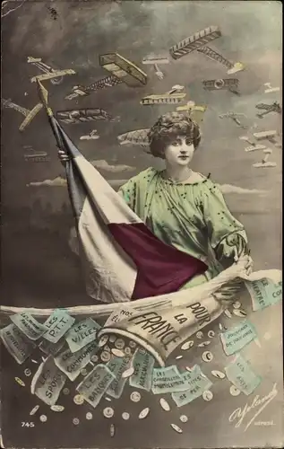 Ak Frau mit Flagge, Geldregen, Flugzeug