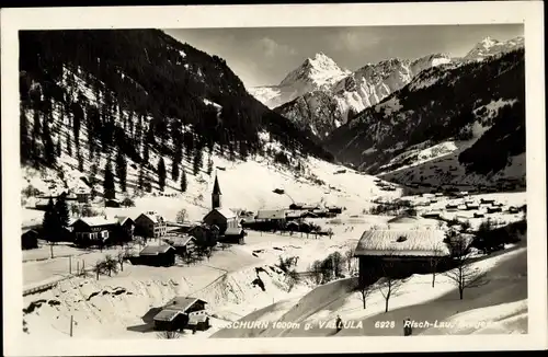Ak Gaschurn in Vorarlberg, Ortsansicht gegen Vallüla, Winter