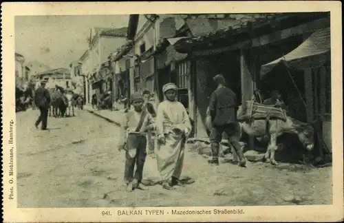 Ak Mazedonien, Balkan Typen, Mazedonisches Straßenbild, Esel, Mazedonier