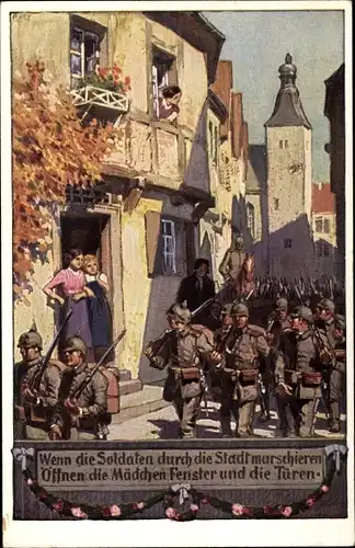Künstler Ak Hey, Paul, Soldatenliederpostkarte 2, Soldaten marschieren durch die Straße