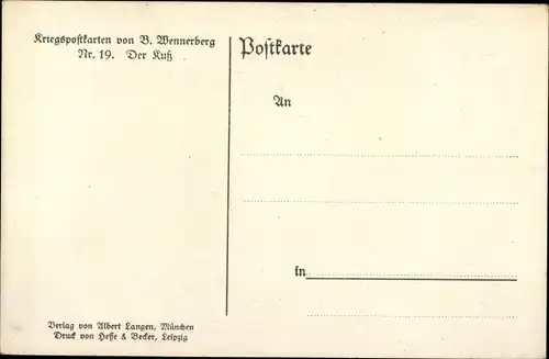 Künstler Ak Wennerberg, Bruno, Der Kuss, Abschied am Bahnhof, Soldaten, Kriegsausmarsch, I. WK