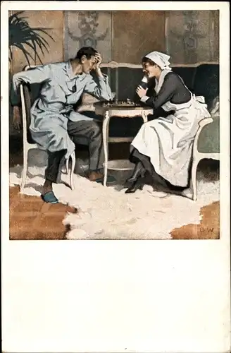 Künstler Ak Wennerberg, B., Schach, verwundeter Soldat mit Krankenschwester