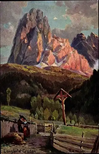 Künstler Ak Gröden Selva di Valgardena Südtirol, Langkofel