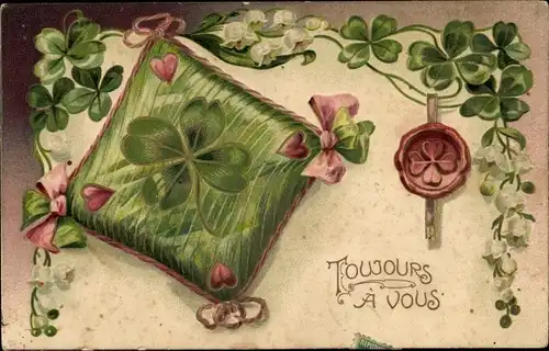 Präge Ak Kissen, Glücksklee, Siegel, Kitsch