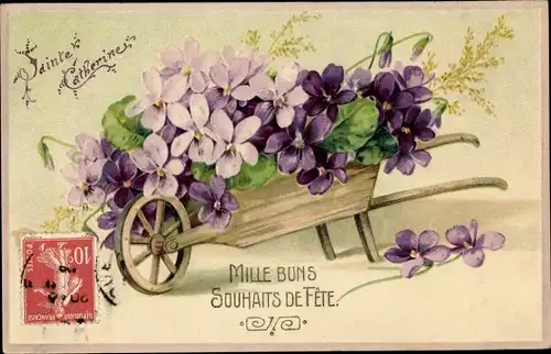 Präge Ak Schubkarre, Veilchen, Blumen, Kitsch