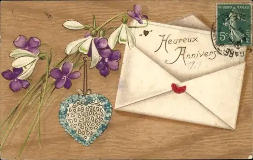 Präge Ak Veilchen, Briefumschlag, Vergissmeinnicht, Herz