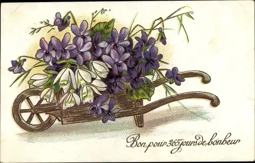 Präge Ak Veilchen, Schubkarre, Schneeglocken, Kitsch