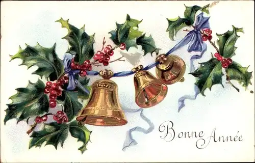 Präge Ak Glückwunsch Neujahr, Stechpalme, Glocken