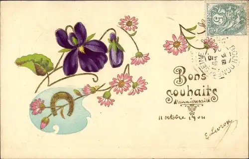Präge Ak Veilchen, Blumen, Hufeisen, Kitsch