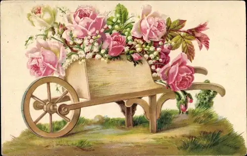 Präge Litho Schubkarre, Rosen, Maiglöckchen