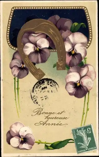 Präge Ak Glückwunsch Neujahr, Stiefmütterchen, Hufeisen