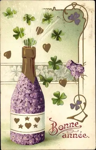 Präge Ak Glückwunsch Neujahr, Sektflasche, Glücksklee, Veilchen