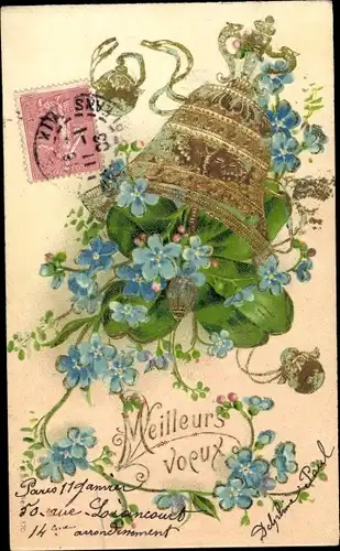 Präge Ak Vergissmeinnicht, Glocke, Glücksklee, Kitsch