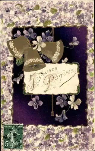 Präge Ak Glückwunsch Ostern, Glocken, Veilchen