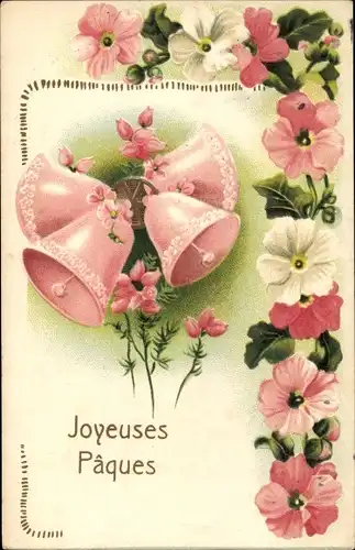 Präge Ak Glückwunsch Ostern, Glocken, Blumen