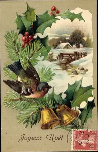 Präge Ak Glückwunsch Weihnachten, Stechpalme, Tannenzweige, Glocken, Vogel