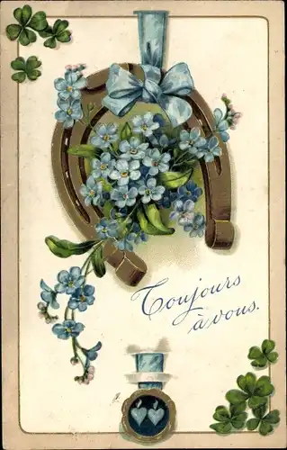 Präge Ak Glücksklee, Hufeisen, Vergissmeinnicht