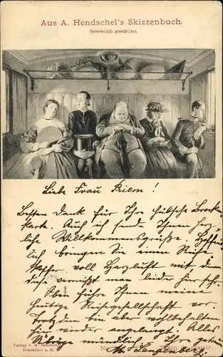 Künstler Litho Hendschel, A., Fahrgäste im Zug, Gruppenbild